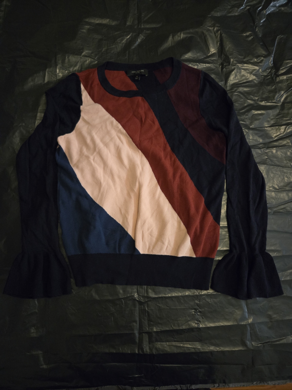Ann Taylor Women Colorblock Sweater Top Size MP Long Sleeve Ruffle Cuffs Stripe